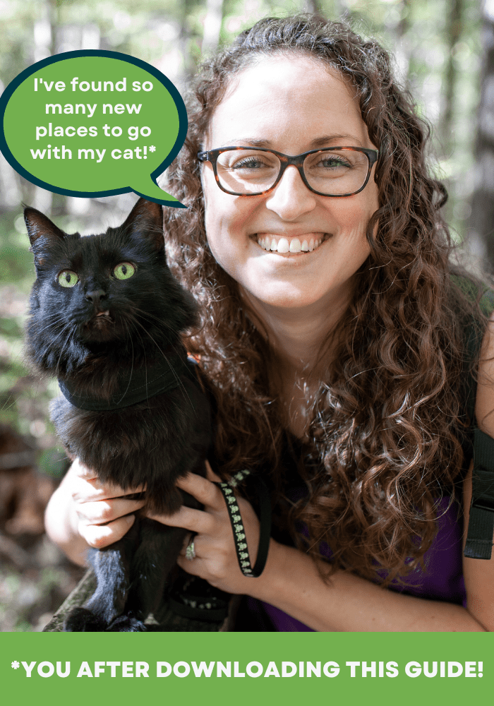 woman with black cat on harness and leash outdoors saying "I've found so many new places to go with my cat!"