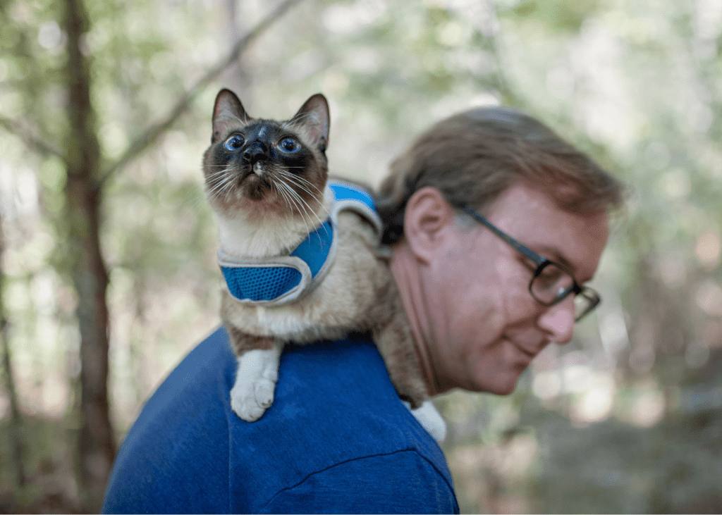 man with siamese cat on his shoulders, outside in the woods