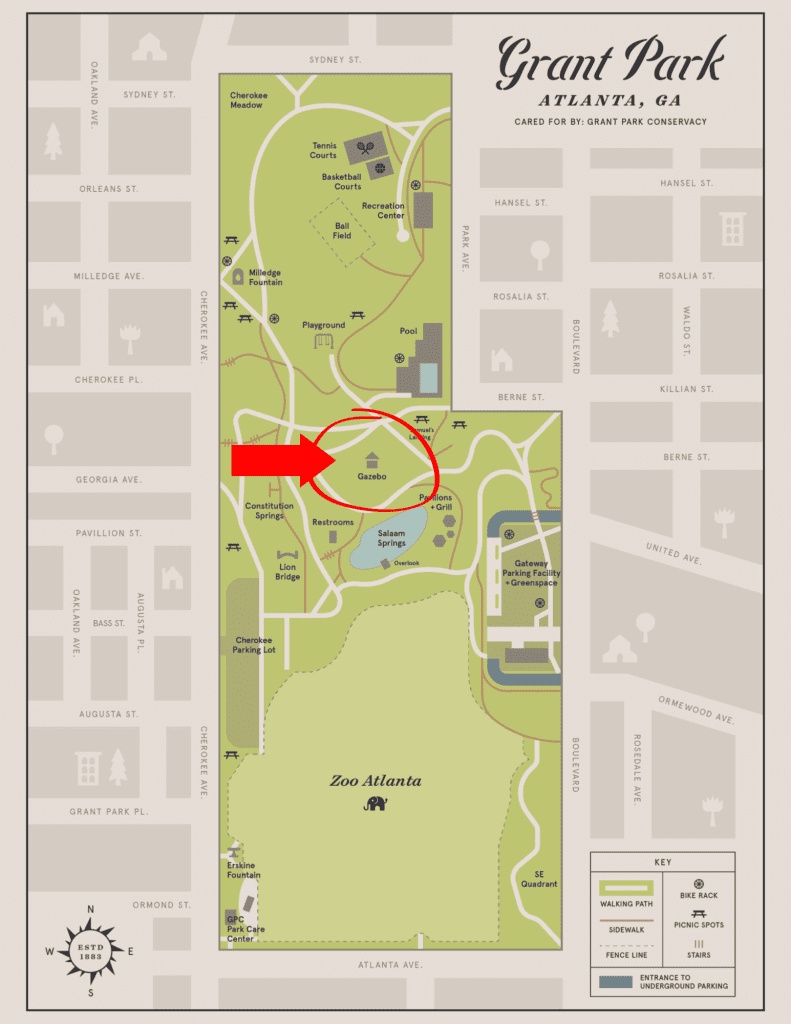 Grant Park Map with gazebo pinpointed in center