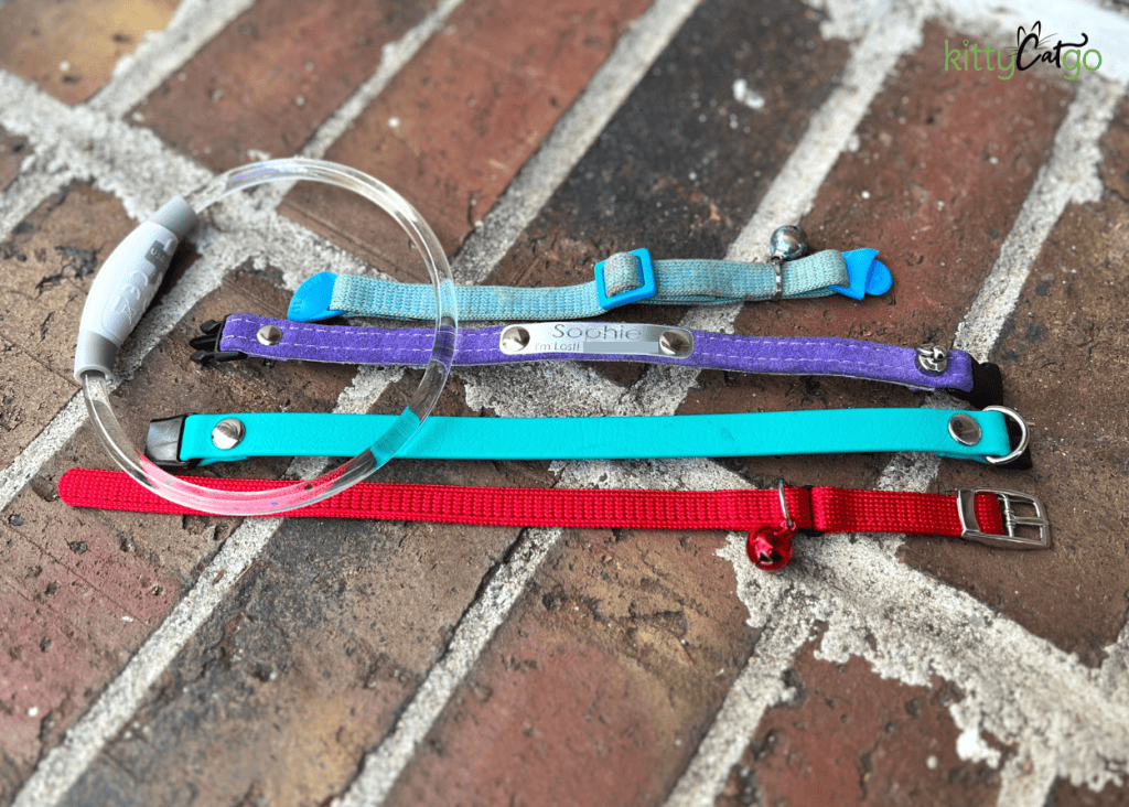 5 different types of cat collars - elastic, biothane, breakaway, LED, and with a bell
